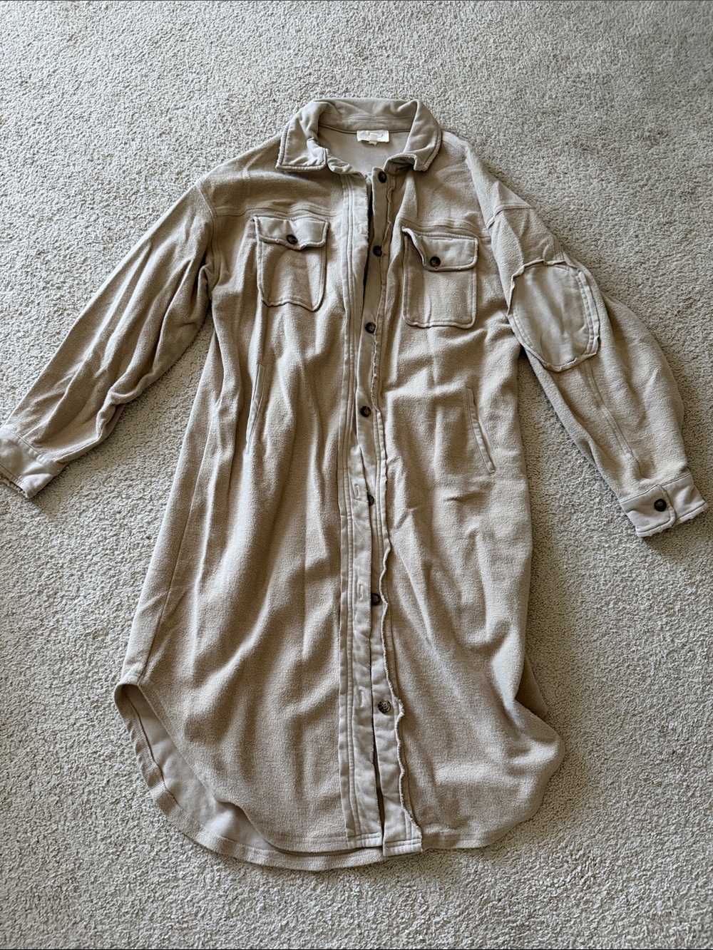 Long Button-Down Shirt Jacket in Beige